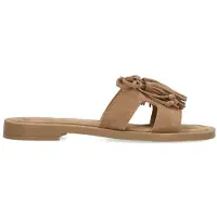 Manfield - Dames - Beige suède slippers met franjes - Maat 37