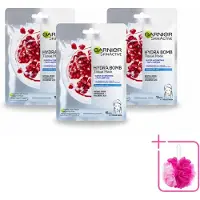 Garnier 3 x - SkinActive - Hydra Bomb Sheet Mask - Granaatappel - Gezichtsmasker - 1 Gezichtsreinigingsmiddel - Bulkverpakking - Gezichtsmasker - Douchemop - Hydraat