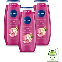 Nivea 3 x - Douchegel - Joy of Life - Verfrissend Effect - 250 ml - Grootverpakking - Vaatwasstrips - Douchegel - Frisse Geur - Rozen - Jasmijn - Huidverzorging