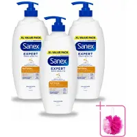 Sanex 3 x – Douchecrème – Expert Skin Health Naturals – 750 ml - Bulkverpakking - Gevoelige huid - Douchemop - Huidverzorging