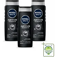 Nivea 3 x MEN - Douchegel - Active Clean - 500 ml - Grootverpakking - Vaatwasstrips - Douchegel Mannen - Actief Houtskool - Reinigende Douchegel - Lichaam Reinigen - Gezicht Reinigen