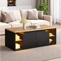 OKWISH Moderne salontafel met LED-verlichting en een halfopen opbergvak, multifunctionele salontafel met 2 deuren en opbergruimte, zwart