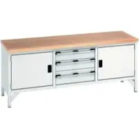 Bott cubio box-type werkbank, met 3 laden, stalen frame, beuken multiplex blad, B 2000 x D 750 x H 840 mm, lichtgrijs/lichtgrijs