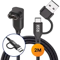 R2B Oplaadkabel geschikt voor Garmin Horloge - USB-A & USB-C - Gevlochten Nylon 2 meter - L-vorm 90 Graden Hoek - Zwart