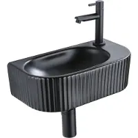 Qeramiq Fuente fonteinset – halfrond – 40x21.5x12 cm – kraangat rechts – mat zwarte kraan – geribbeld SW1522214/SW696205/SW696215/SW696235
