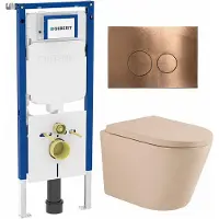 Geberit QeramiQ Dely Toiletset - 36.3x51.7cm - UP720 inbouwreservoir - rimless - diepspoel - 35mm zitting - softclose - bedieningsplaat koper - ronde knoppen - mat beige