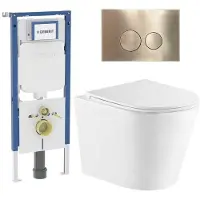Geberit QeramiQ Dely Toiletset - 36.3x51.7cm - UP720 inbouwreservoir - rimless - diepspoel - zitting - softclose - bedieningsplaat geborsteld messing - ronde knoppen - mat wit