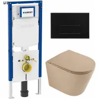 Geberit QeramiQ Dely Toiletset - 36.3x51.7cm - UP720 inbouwreservoir - rimless - diepspoel - zitting - softclose - kunststoffen bedieningsplaat mat zwart - rechthoekige knoppen - mat beige