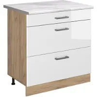Vicco Keukenonderkast R-Line Wit Hoogglans/Goudkleurig Eiken 80 cm met 3 laden marmer werkblad, Model 72466