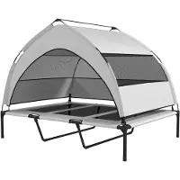PawHut , buitenhondenbed met dak, verhoogd hondenbed met stalen frame, lichtgrijs