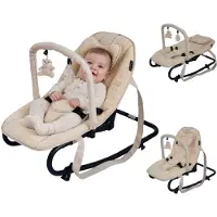 X-adventure X Adventure Babywippe Teddy Beige – Wiegstoel met speelboog, verstelbare rugleuning, vastzetbare schommelstand en 5-punts veiligheidsgordel, geschikt tot 9 kg