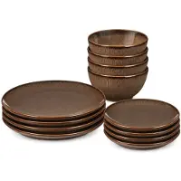 Mica Decorations Nusa Set Bruin 12-delig - Serviesset met Warme Uitstraling - Borden en Soepkommen van Steengoed voor Dagelijks Gebruik - Afmeting 28 x 29,5 x 29 cm - Bruin