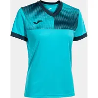 Joma dames T-shirt met korte mouwen, model Eco Supernova, neon turquoise, marineblauw