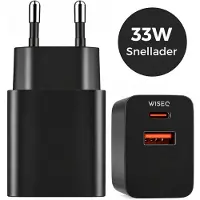 WISEQ 33W snellader USB C & USB A – dual oplader met 2 poorten – geschikt voor Samsung en iPhone – snellader – zwart –