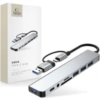 Tech-Protect HB06 Hub-adapter 8-in-1: Type-C + USB 2.0 + USB 3.0 + SD/TF + AV 3.5, kleur: spacegrijs