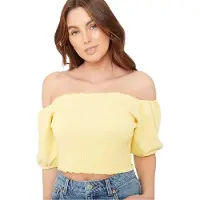 BE YOU Dames/Dames Off Shoulder Regular Puff Sleeve Crop Top (Citroen)