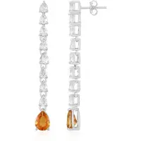 Cavill - 925 Sterling Zilver Oorbellen met Oranje Kwarts & Witte Topaas - Platina Plating - Peervorm - Lange Elegante Oorbellen 51 mm