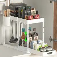 Famanu – Ondergootsteenrek, keukenrek, 2-traps lade-organizer, tilbare kast, met 4 haken, 8 antislip pads en 1 hangbeker, van kunststof (wit)