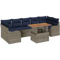 vidaXL Tuinset met 8 zitplaatsen, grijs en marineblauw, van polyrotan