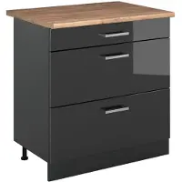 Vicco Keukenonderkast R-Line Antraciet Hoogglans/Antraciet 80 cm met 3 laden goudkleurig eiken werkblad, Model 72377