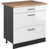 Vicco Keukenonderkast R-Line Wit Hoogglans/Antraciet 80 cm met 3 laden goudkleurig eiken werkblad, Model 72421