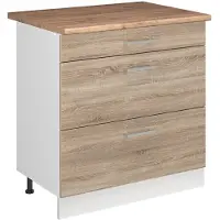 Vicco Keukenonderkast R-Line Sonoma/Wit 80 cm met 3 laden goudkleurig eiken werkblad, Model 72369