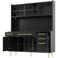 OKWISH Dressoir Met Ledverlichting Met App Bediening Voor Keuken En Woonkamer MDF Zwart Met Glasplanken 145×39×171 cm