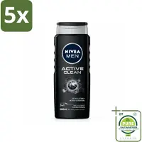 Nivea 5 x MEN - Douchegel - Active Clean - 500 ml - Grootverpakking - Vaatwasstrips - Douchegel Mannen - Actief Houtskool - Reinigende Douchegel - Lichaam Reinigen - Gezicht Reinigen
