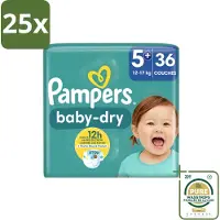 Pampers 25 x – Luiers – Baby-Dry Maat 5+ (12-17 kg) – 36 Luiers - Wasstrips - Baby-luiers - Droge Huid - Droogheid - Absorberende Luiers - Baby Droogheid