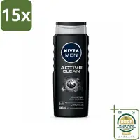 Nivea 15 x MEN - Douchegel - Active Clean - 500 ml - Wasstrips - Douchegel Mannen - Actief Houtskool - Reiniging Lichaam - Reiniging Gezicht - Reiniging Haar