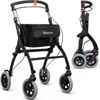 LifeGoods Rollator – Lichtgewicht en Opvouwbaar (6.7KG) – Rollator voor Binnengebruik met Dienblad en Opbergmand – Tot 110KG Draagkracht – Zwart