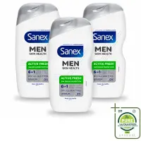 Sanex 3 x – Douchegel – Men Active Fresh – 400 ml - Grootverpakking - Vaatwasstrips - Douchegel Voor Mannen - Frisheid - Geurcontrole - Huidverzorging - Scheergel