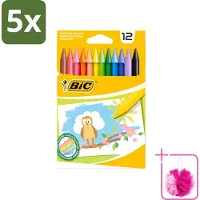 BIC 5 x - Waskrijt - Diverse Kleuren - 12 Krijtjes - Bulkverpakking - Waskrijt - Douchemop - Kleurkrijt