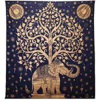 Ancient Wisdom Olifant & Boom - Blauw Goud Dubbele Katoenen Sprei + Wandkleed - 200 cm x 230 cm