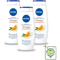 Nivea 3 x - Douchegel - Orange - Voelbaar Gladde Huid - 250 ml - Grootverpakking - Vaatwasstrips - Douchegel - Huid Verzorgen - Bamboemelk - Sinaasappelgeur - Voedende Douchegel