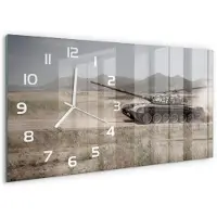 Tulup Wandklok - Tank in de woestijn Gekleurde Glazen Klok - 60x30 cm - Beige Glazen Klok Met Print - Witte handen - Rechthoekige Klok - Moderne Wandklok Glas - Wandklok Glas Decoratie
