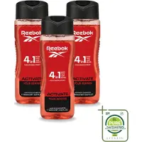 Reebok 3 x - Activate Your Senses - Douchegel - 4 in 1 - 400 ml - Grootverpakking - Vaatwasstrips - Douchegel - 4 In 1 - Douche Gel - Scheerschuim - Lichaam Verzorging