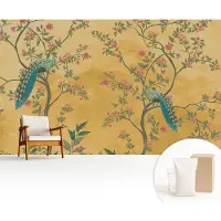 Wallfluent Fotobehang - Geel Vliesbehang - 416x254 cm - Pauwenbomen Muurschildering - Gang behang Bloemen En Planten - Fotobehang Vlies - Gang behang