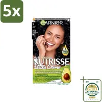 Garnier 5 x - Nutrisse Ultra Crème 1 - Haarkleuring - Zwart - Intens Voedend - Permanente Kleur - Wasstrips - Haarverf - Voedend Haarverf - Permanente Haarkleur - Grijsdekking - Haarverf Zwart
