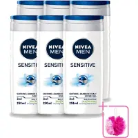 Nivea 6 x - Men - Sensitive Douchegel - Hydraterend - 250 ml - Bulkverpakking - Gevoelige huid - Douchemop - Douchegel