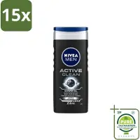 Nivea 15 x Men – Douchegel – Active Clean – 250 ml - Grootverpakking - Vaatwasstrips - Douchegel Mannen - Reiniging Huid - Actieve Houtskool - Vuil Verwijderen - Huid Verzorging