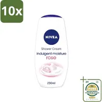 Nivea 10 x - Shower Indulgent Moisture Rose Douchecrème - 250 ml - Wasstrips - Douchecrème - Amandelmelk - Rozengeur - Hydraterende Douchecrème - Zachte Huid