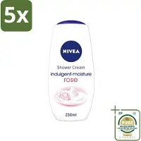 Nivea 5 x - Shower Indulgent Moisture Rose Douchecrème - 250 ml - Wasstrips - Douchecrème - Amandelmelk - Rozengeur - Hydraterende Douchecrème - Zachte Huid