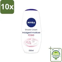 Nivea 10 x - Shower Indulgent Moisture Rose Douchecrème - 250 ml - Grootverpakking - Vaatwasstrips - Douchecrème - Hydraterende Douchecrème - Amandelmelk - Rozengeur - Zachte Huid
