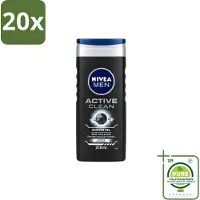Nivea 20 x Men – Douchegel – Active Clean – 250 ml - Grootverpakking - Vaatwasstrips - Douchegel Mannen - Reiniging Huid - Actieve Houtskool - Vuil Verwijderen - Huid Verzorging