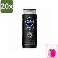 Nivea 20 x MEN - Douchegel - Active Clean - 500 ml - Bulkverpakking - Douchegel mannen - Douchemop - Actief houtskool