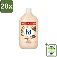 Fa 20 x - Cream & Oil Cacao - Bad- & Douchegel - Cacaoboter Met Kokosolie - 750 ml - Grootverpakking - Vaatwasstrips - Bad En Douche Gel - Cacaoboter - Kokosolie - Huid Verzorging - Hydraterende Gel