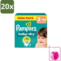 Pampers 20 x – Luiers – Baby Dry Maat 3 – 150 Luiers - Bulkverpakking - Baby-dry luiers - Douchemop - Lekken voorkomen