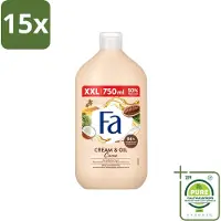Fa 15 x - Cream & Oil Cacao - Bad- & Douchegel - Cacaoboter Met Kokosolie - 750 ml - Grootverpakking - Vaatwasstrips - Bad En Douche Gel - Cacaoboter - Kokosolie - Huid Verzorging - Hydraterende Gel
