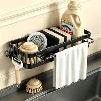 Famanu – Keuken spoelbak organizer hangende, keukensponshouder, gootsteenorganizer met spoeldoekhouder en twee haken, metalen keukenorganizer, badkamer, zonder boren (zwart)